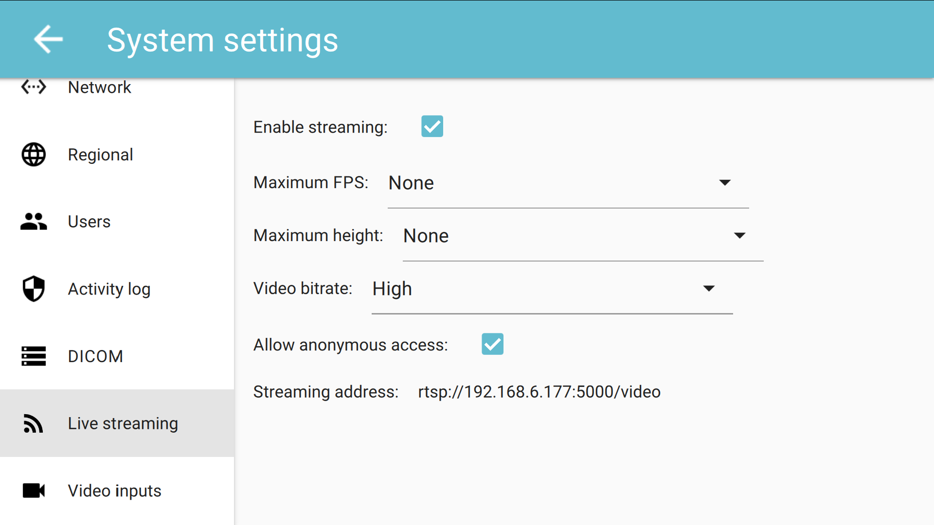 Sistema Configurações Live Streaming